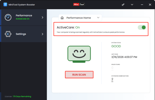 The interface of MiniTool System Booster with enabled ActiveCare and selected RUN SCAN.