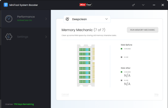 The Memory Mechanic scan in Deepclean page of MiniTool System Booster.