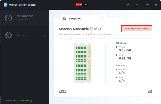 The Deepclean page of MiniTool System Booster with selected RUN MEMORY MECHANIC.