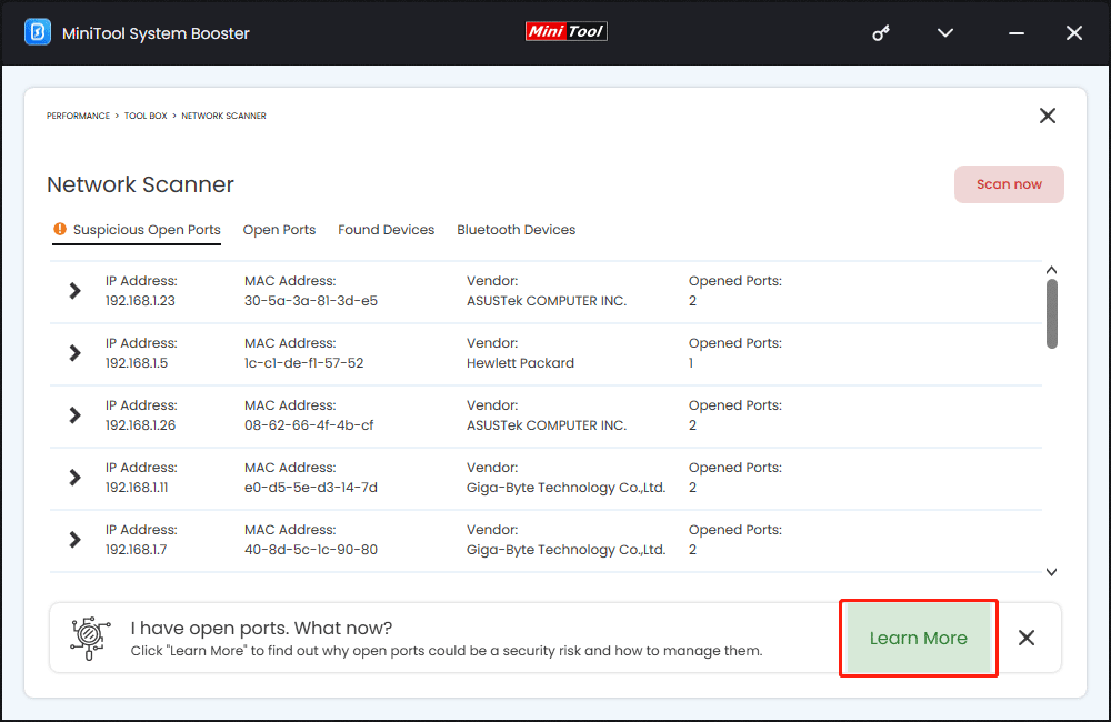 Network scanner scan results