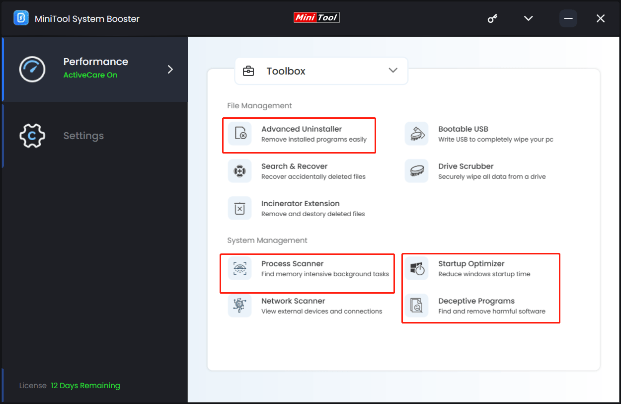 MiniTool System Booster toolbox