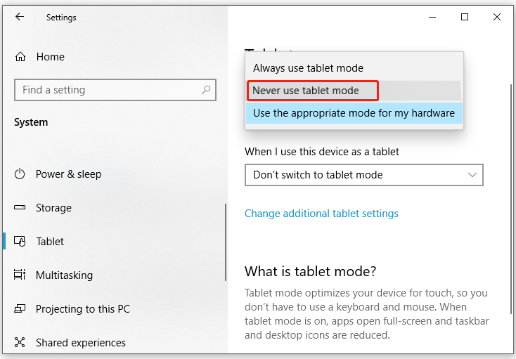 select Never use tablet mode