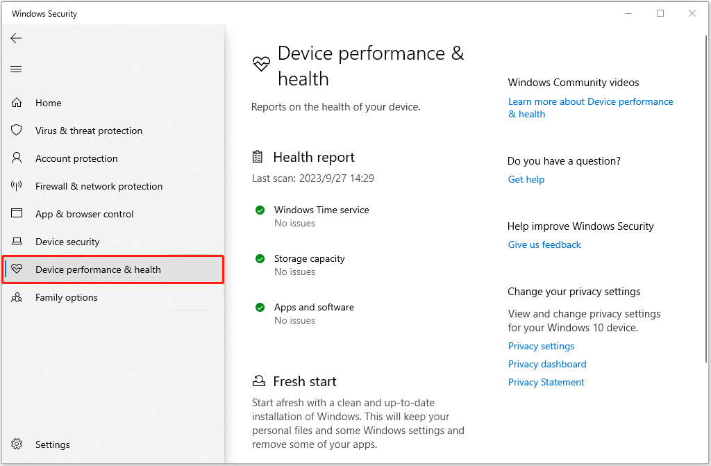click Device performance & health