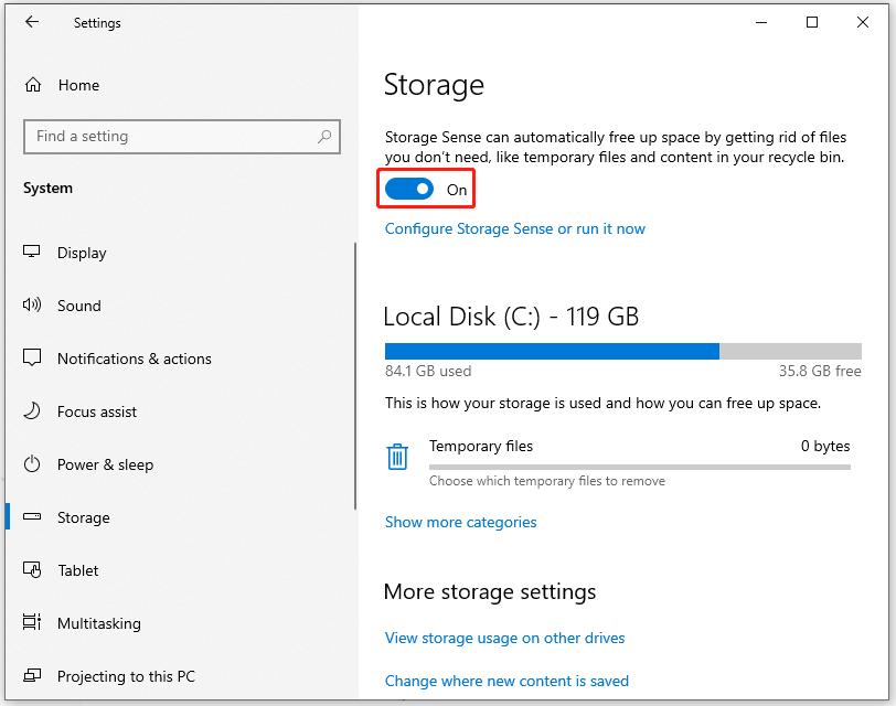 turn on the “Storage Sense” toggle