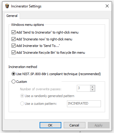 configure the Incinerator Settings