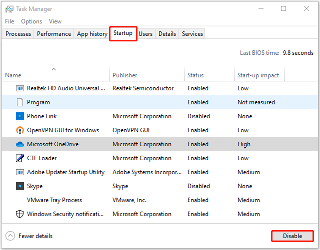 disable startup apps via Task Manager on Windows 10
