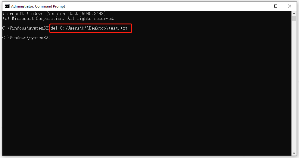 execute del C:\Users\bj\Desktop\test.txt