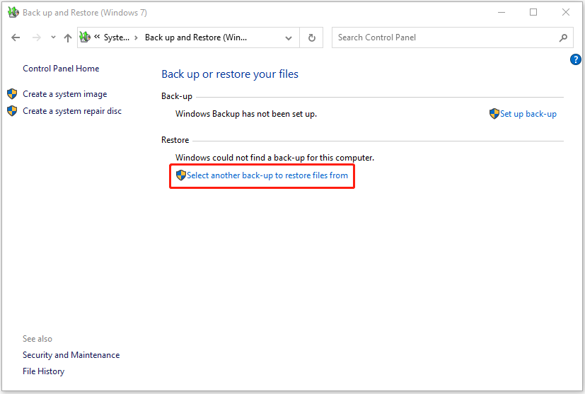 click the Select another backup to restore files from option