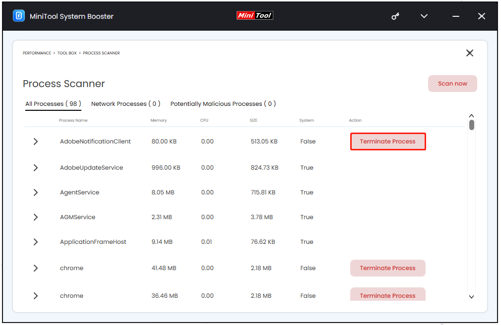 click Terminate Process