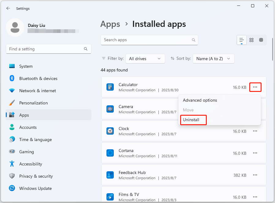 uninstall apps via Settings