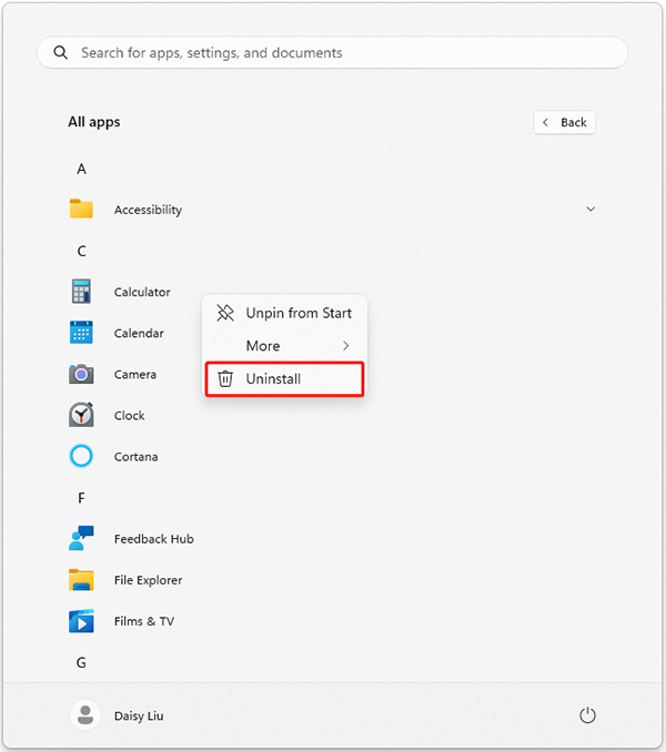 uninstall apps via the Start menu