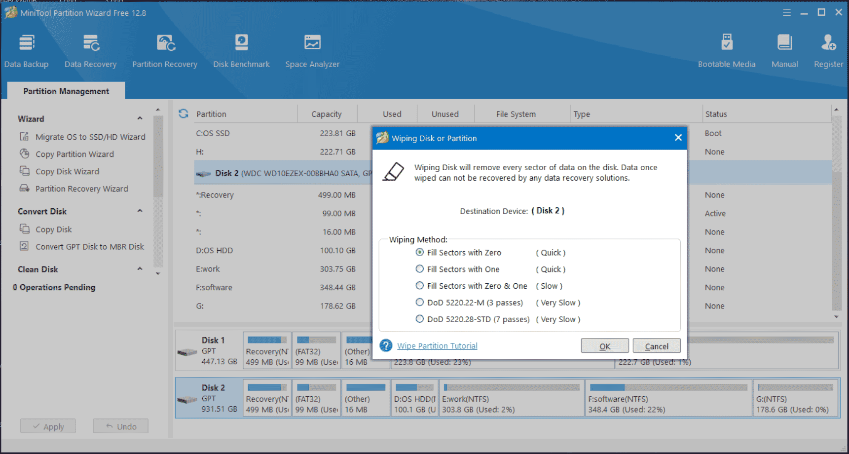 wipe hard drive with MiniTool Partition Wizard