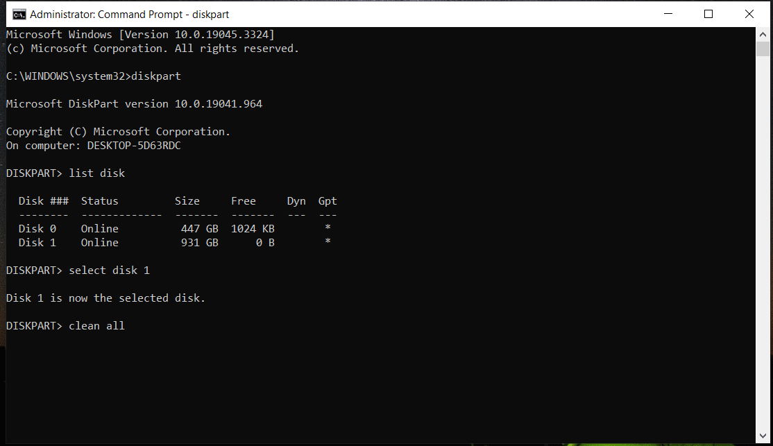 wipe hard drive using diskpart