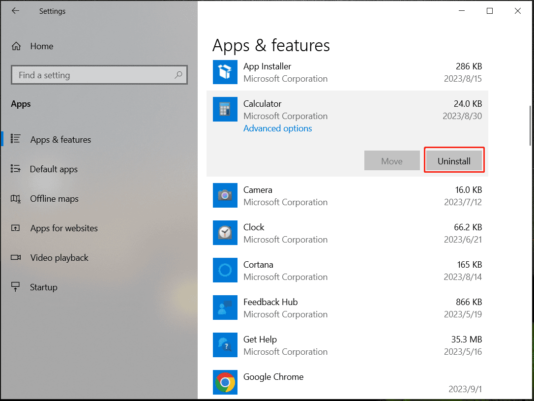 uninstall UWP app via Settings