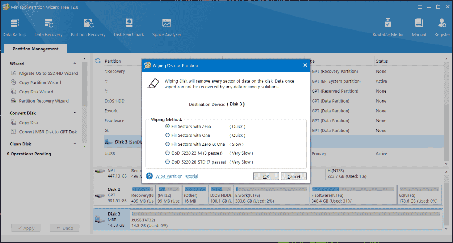 wipe USB drive via MiniTool Partition Wizard