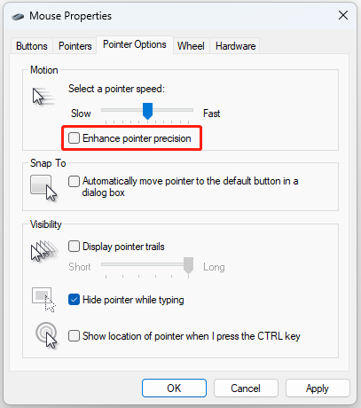 uncheck the Enhance pointer precision feature