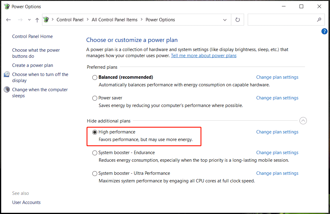 high performance plan settings