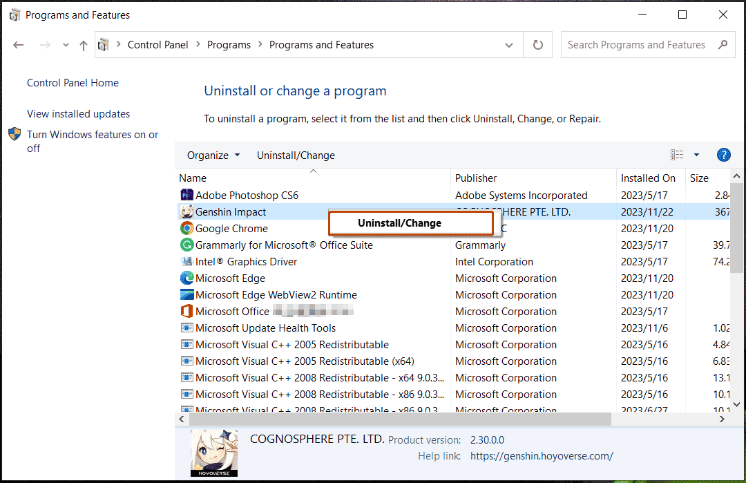uninstall Genshin Impact via Control Panel