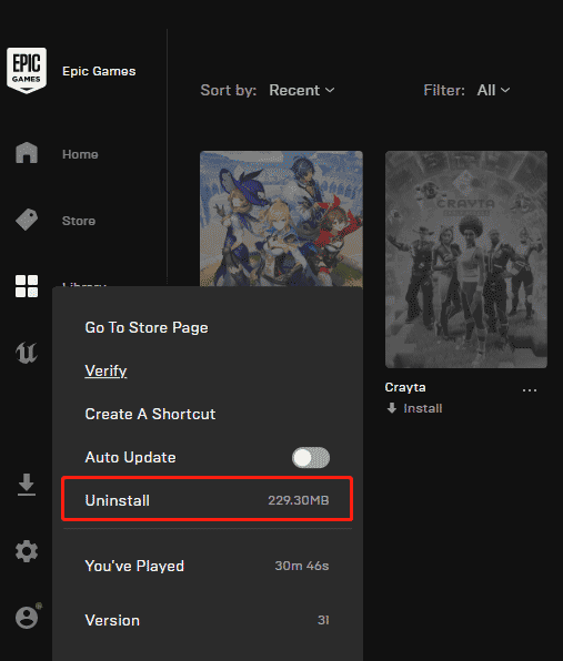 delete Genshin Impact on Epic Games