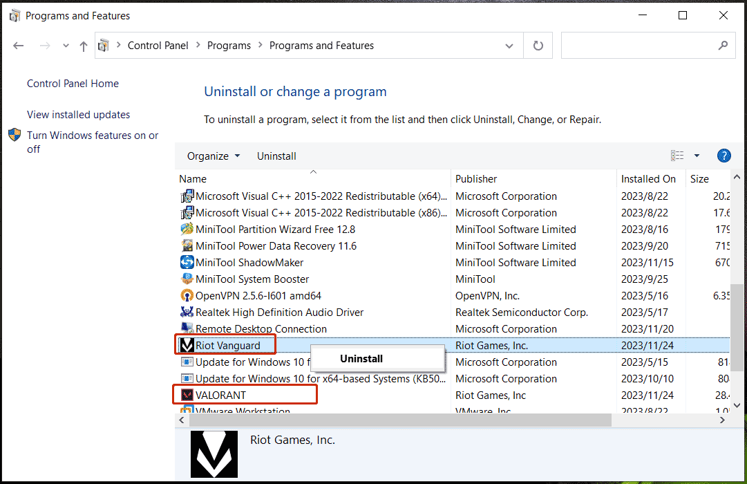 uninstall Valorant in Control Panel