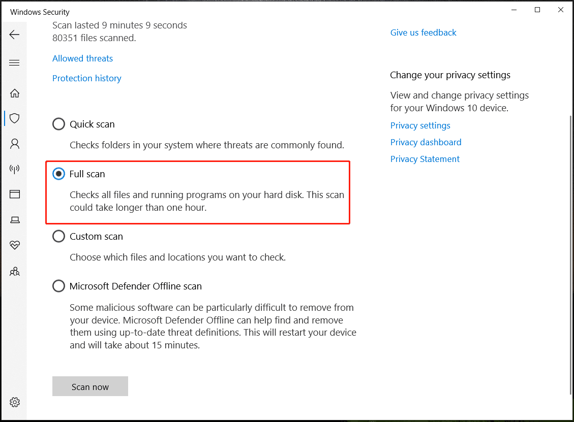 Windows Security scan options