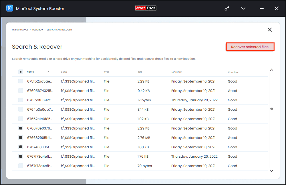 click Recover selected files