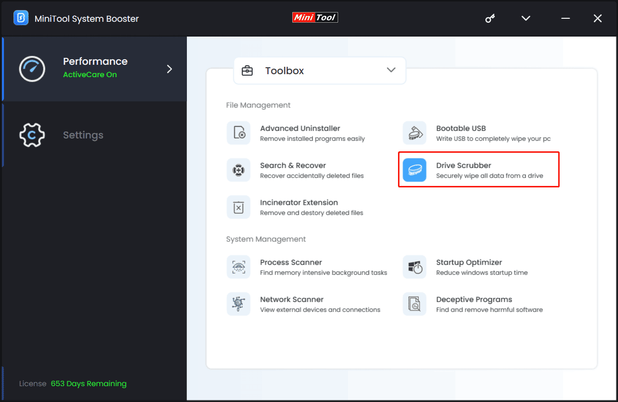 MiniTool System Booster wipe drive