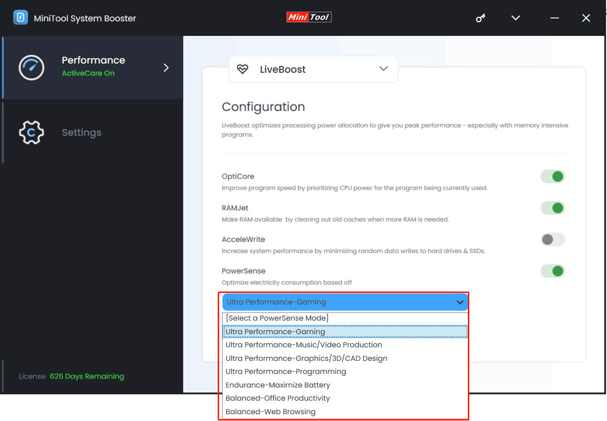 MiniTool System Booster power options