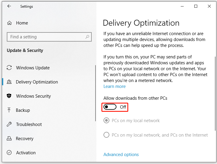 toggle off Allow downloads from other PCs