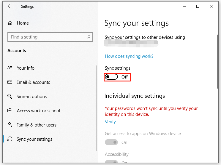  toggle off Sync settings