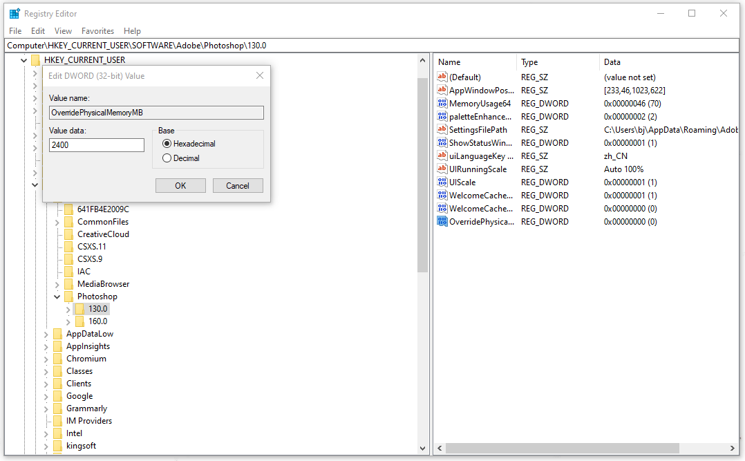 modify the OverridePhysicalMemoryMB key