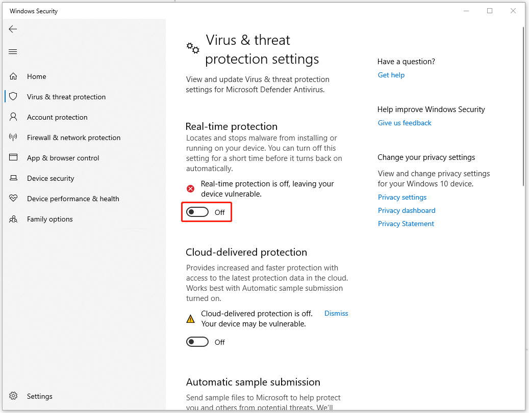 turn off the Real-time protection feature