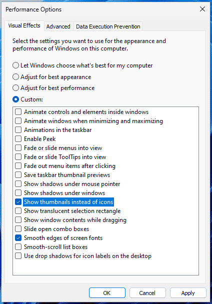 adjust performance options