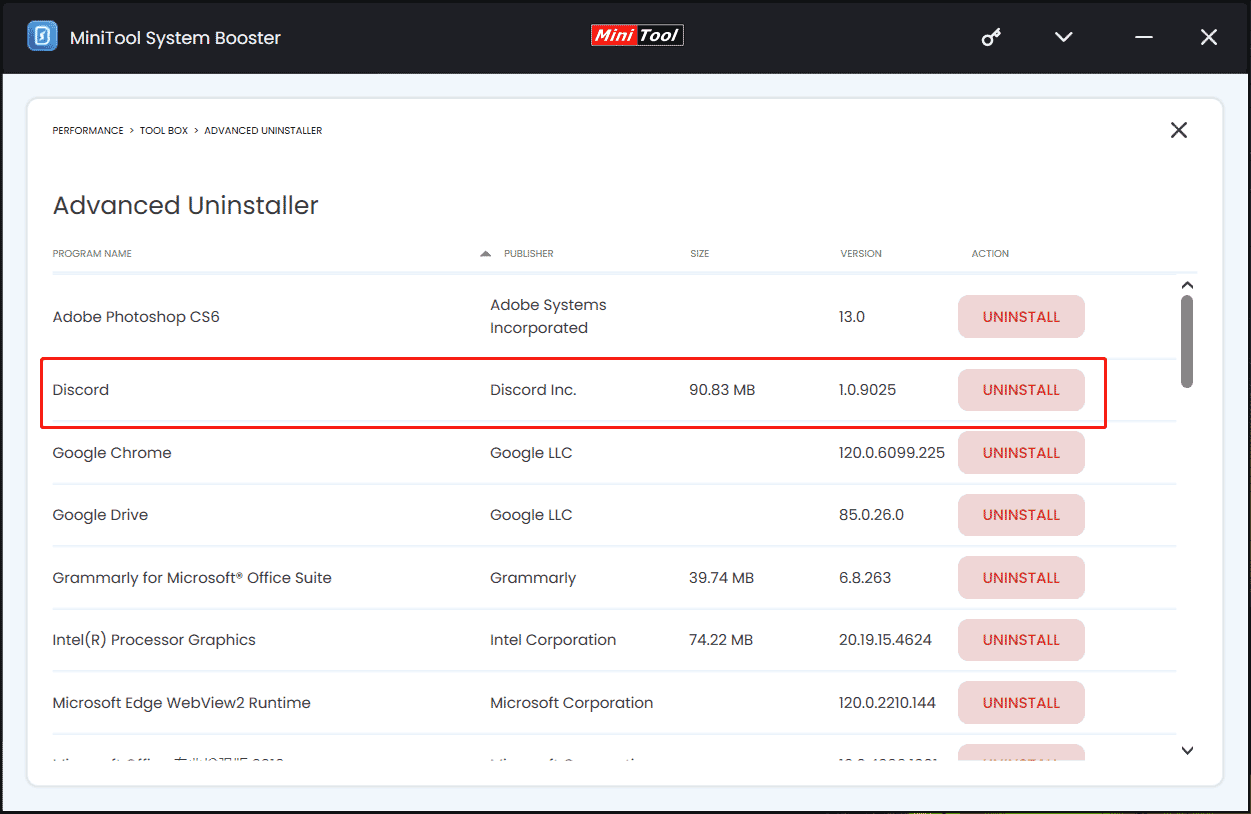 uninstall Discord with MiniTool System Booster