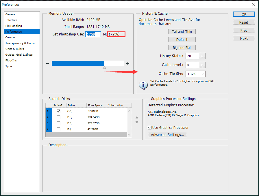 increase RAM allowance Photoshop