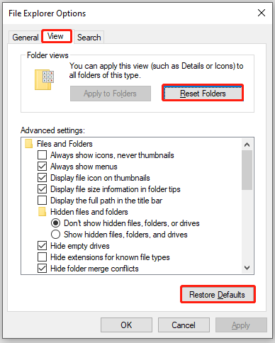 reset the folder view settings