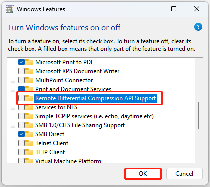 uncheck Remote Differential Compression API Support