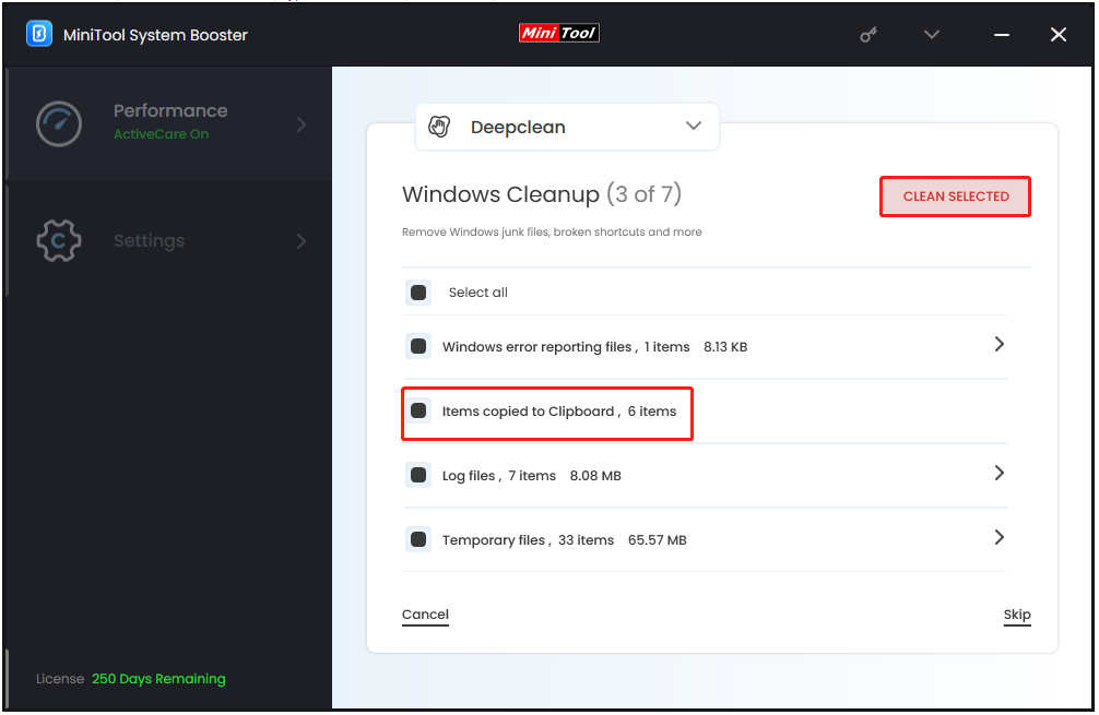 clean Clipboard history via MiniTool System Booster