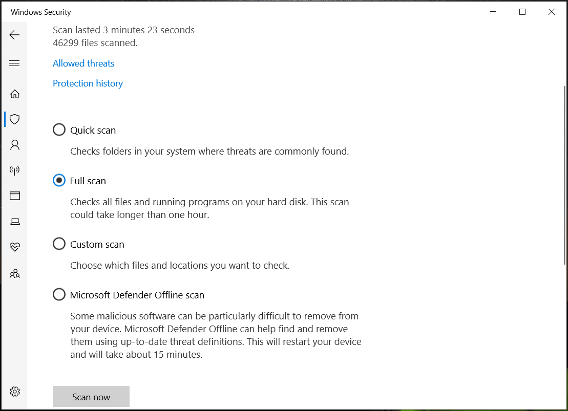 Windows Security scan options