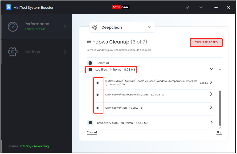 delete Windows log files via MiniTool System Booster