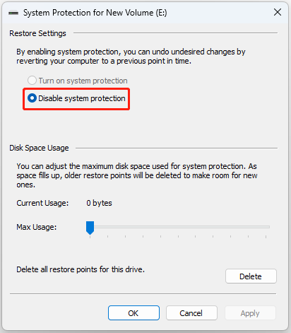 click the Disable system protection option