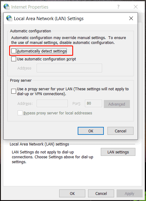 disable automatically detect settings