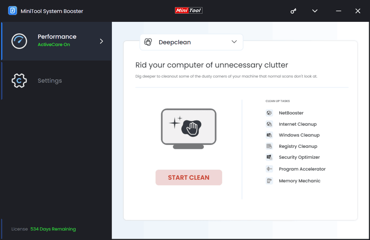 PC cleanup in MiniTool System Booster