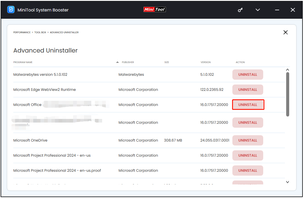 uninstall Microsoft Office via MiniTool System Booster