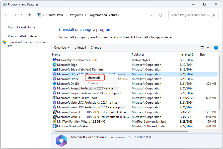 uninstall Microsoft Office via Control Panel