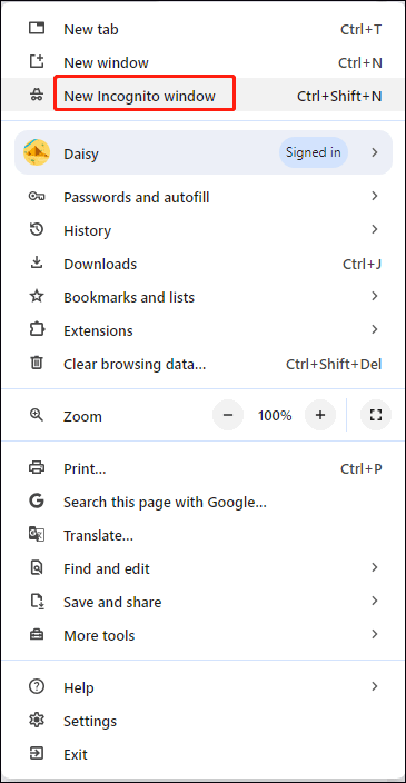 select the New Incognito window option