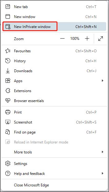 select the New InPrivate window option