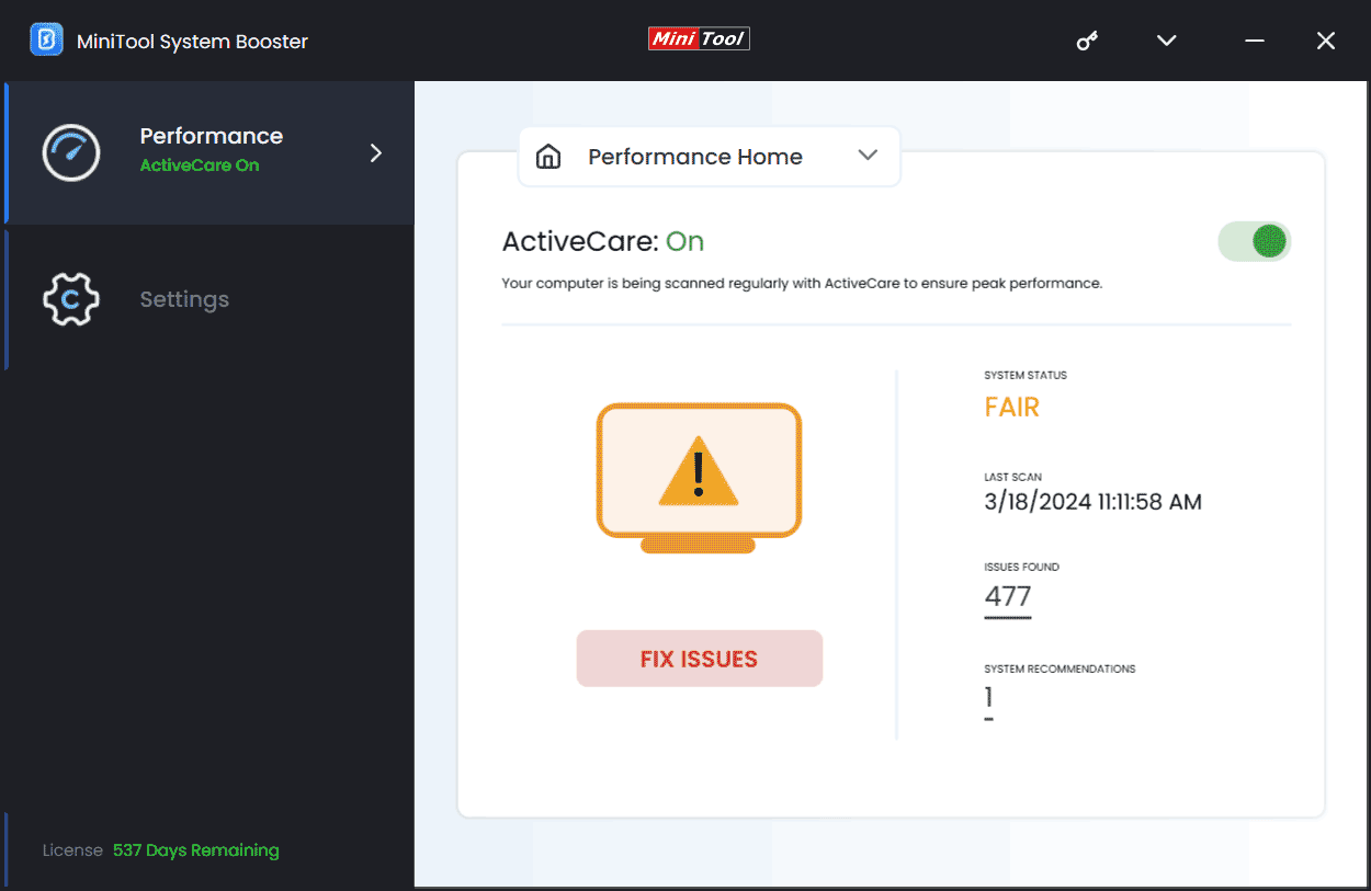 ActiveCare in MiniTool System Booster