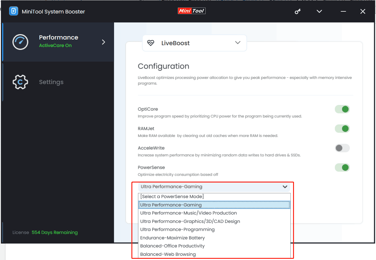 MiniTool System Booster power options