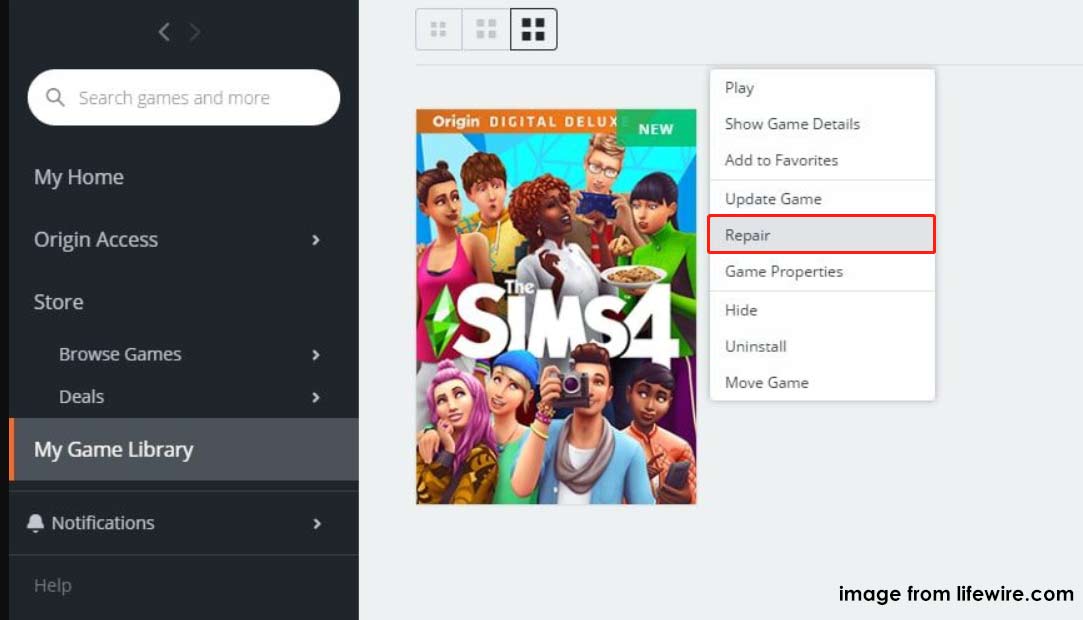 repair Sims 4 in Origin